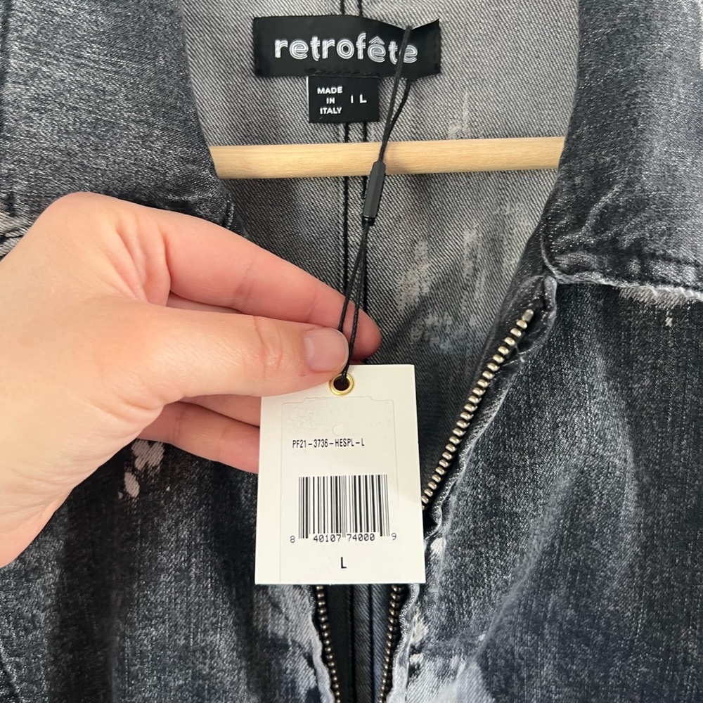 NWT Retrofete Carla Hematite Splatter Acid Wash Denim Full Zip Dress Size Large - Picture 8 of 11